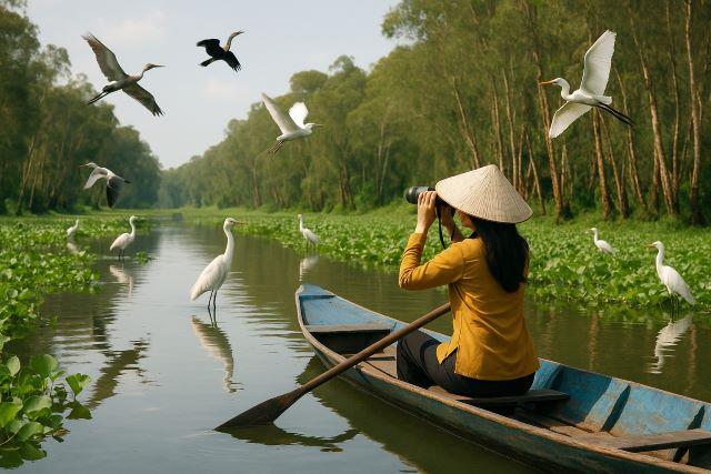 Đi suồng và ngắm chim trên sông ở vườn quốc gia Tràm Chim