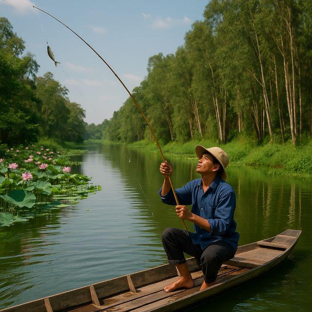 Trải nghiệm cảm giác ngồi trên thuyền câu cá đồng ở Tràm Chim
