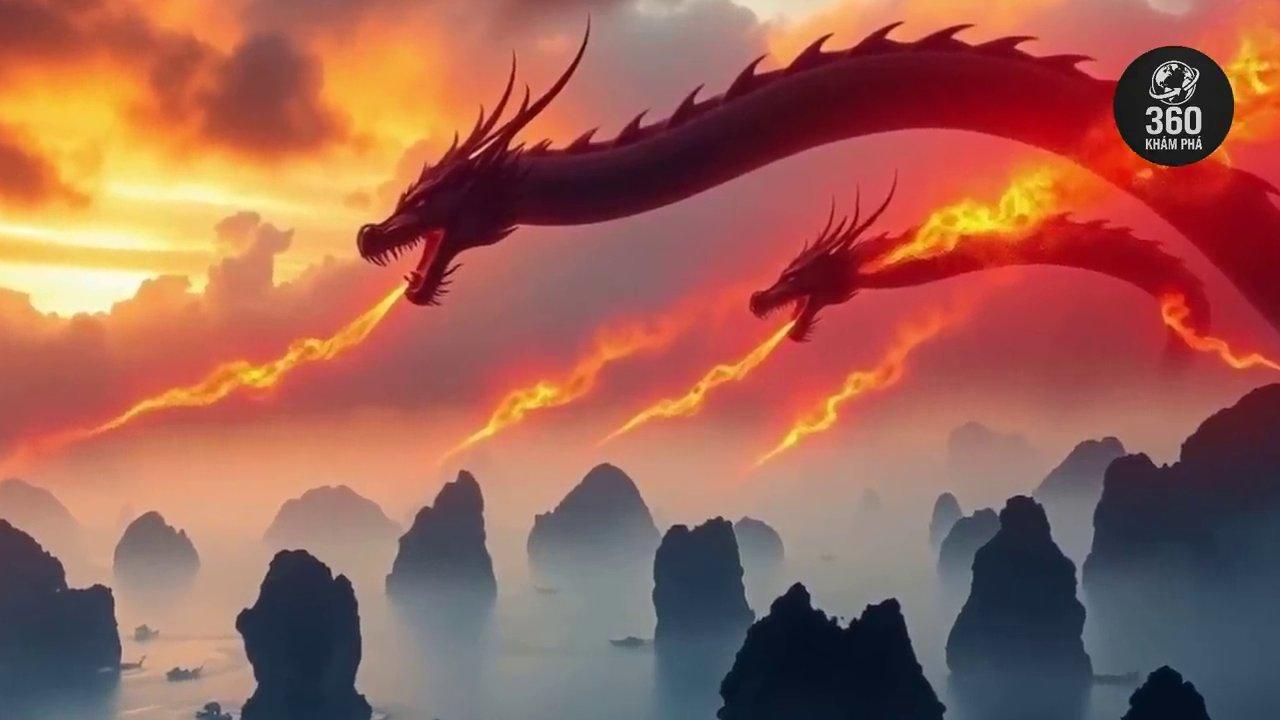 Hình ảnh minh họa truyền thuyết Rồng Mẹ và đàn rồng con phun ngọc tạo nên các đảo đá.