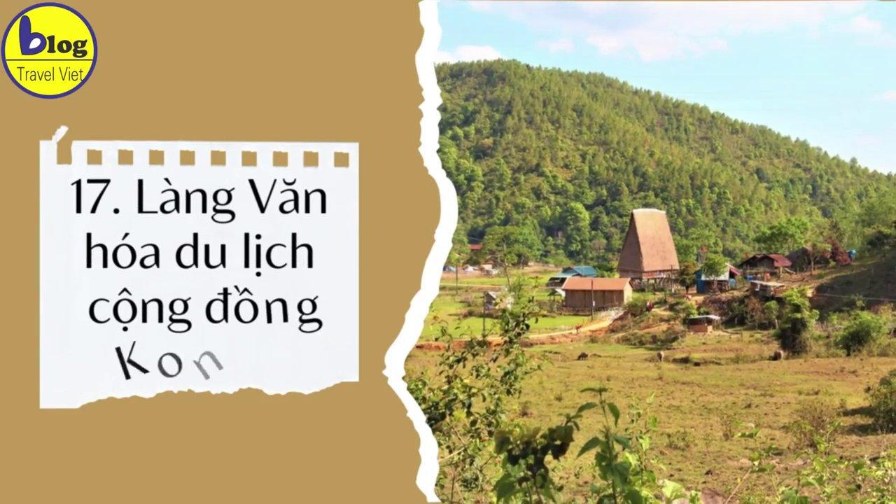 Không gian làng Kon Kơ Tu với những ngôi nhà sàn truyền thống.