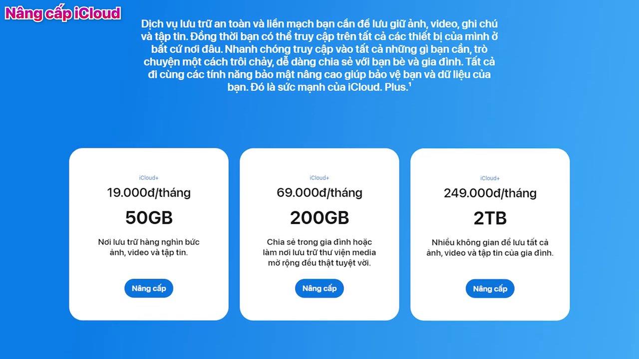 Các gói dung lượng iCloud+ cho người dùng iPhone.